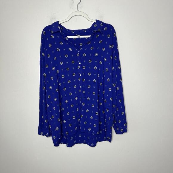 Free People Top Womens Large Blue Collared Button Up Office Career Flowy - Picture 1 of 12